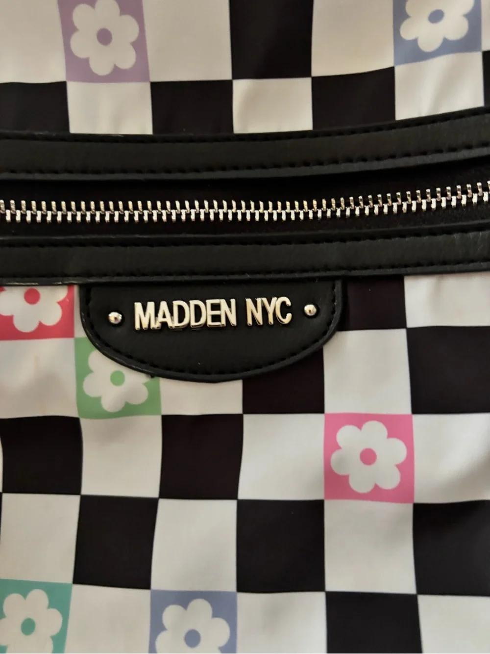 Madden NYC Checkered Floral Laptop Backpack 17” Black White Y2K